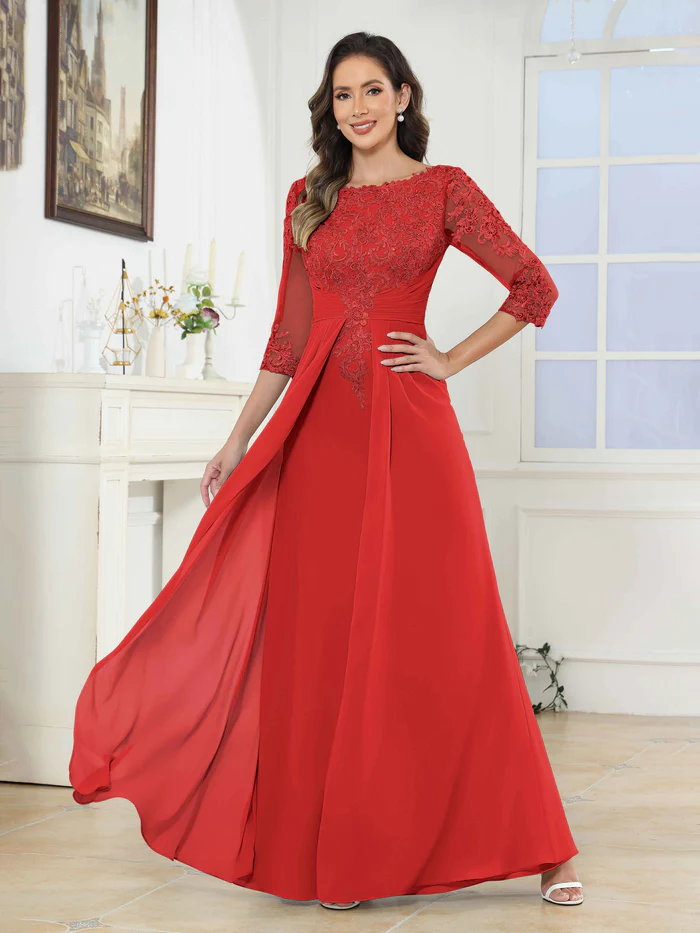 🎁Today's Special Offer🎁A-Line Scoop Ruched Lace Chiffon Long Mother of the Bride / Groom Dresses