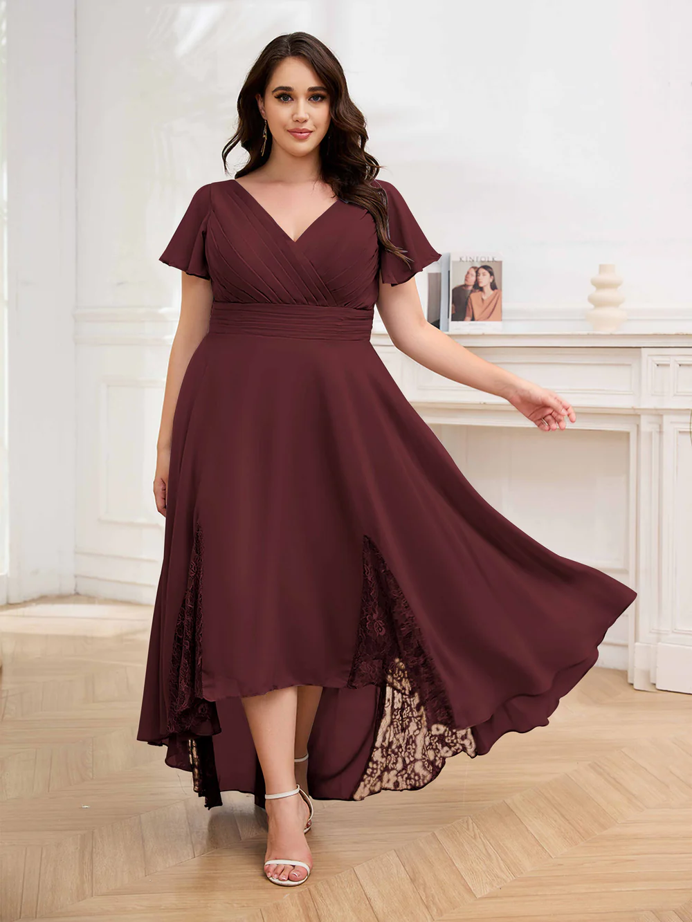 🎁Today's Special Offer🎁Elegant V-Neck Short-Sleeved Lace Chiffon Plus Size Dress
