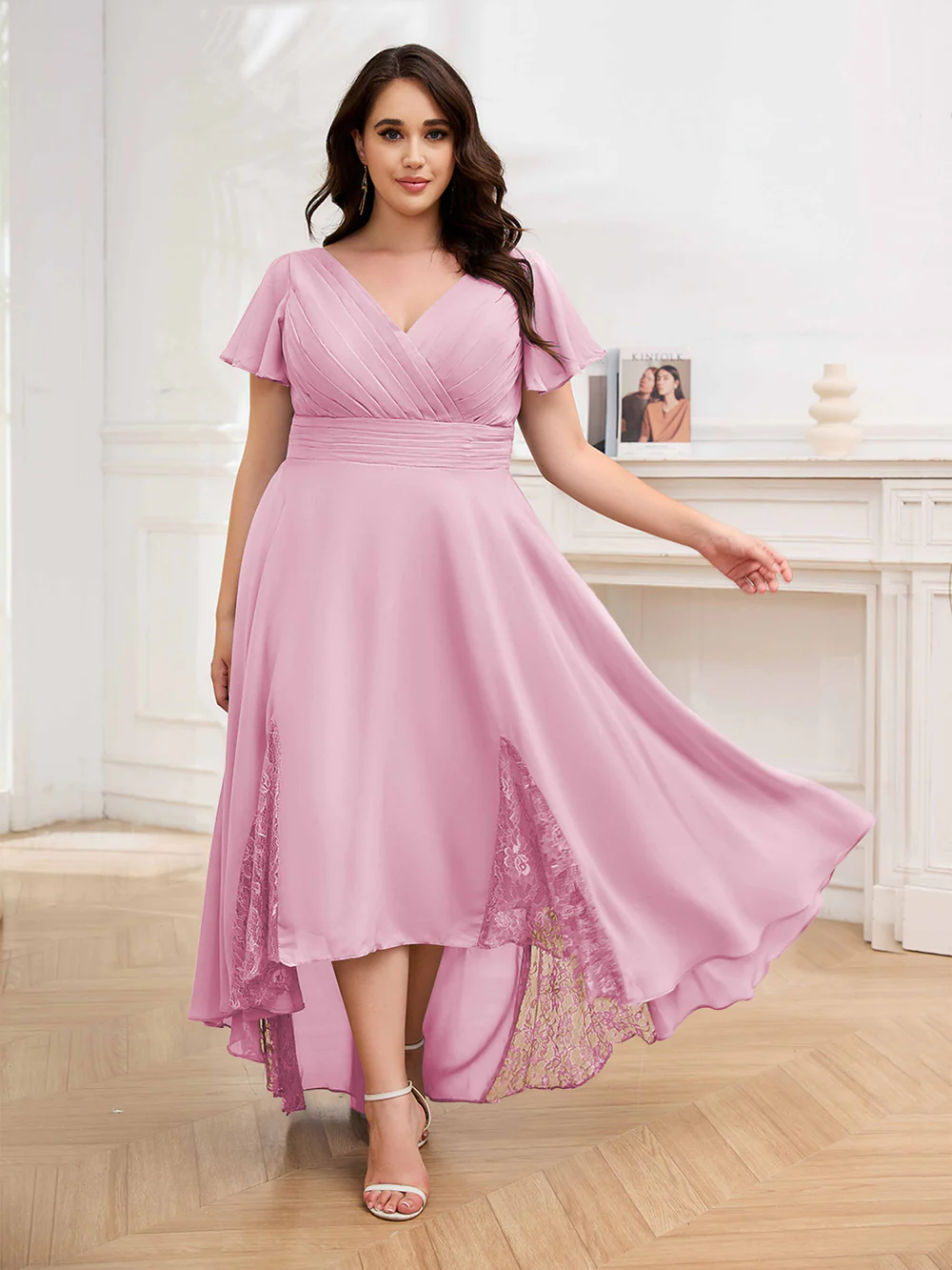 🎁Today's Special Offer🎁Elegant V-Neck Short-Sleeved Lace Chiffon Plus Size Dress