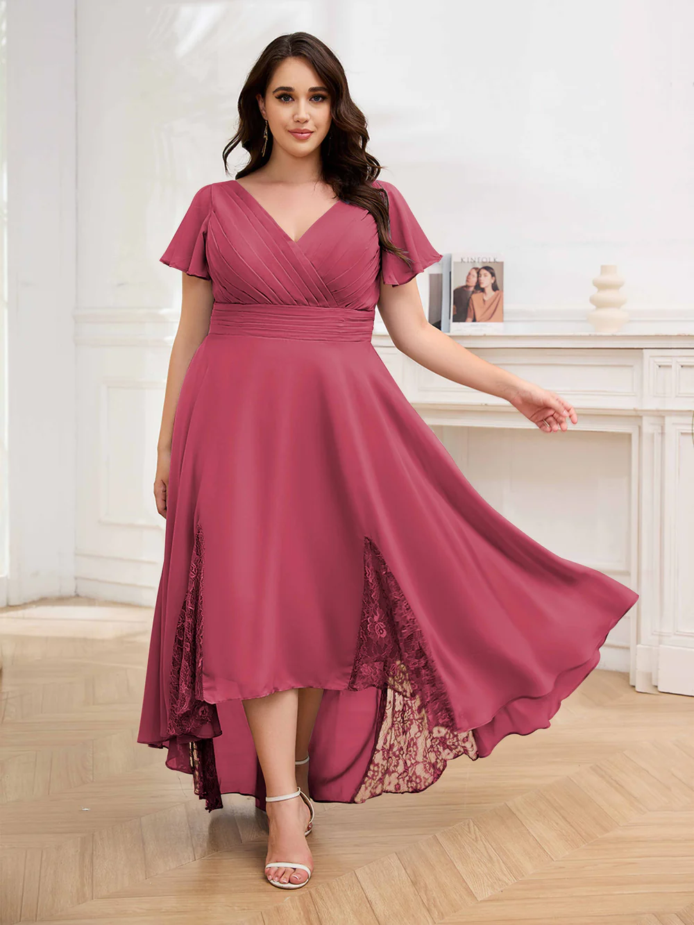 🎁Today's Special Offer🎁Elegant V-Neck Short-Sleeved Lace Chiffon Plus Size Dress