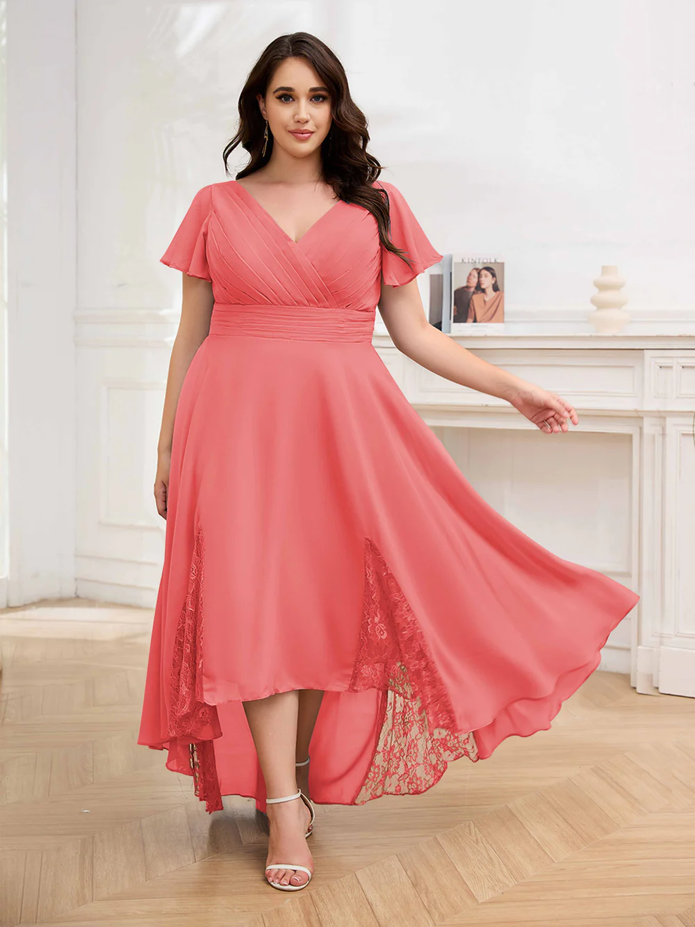 🎁Today's Special Offer🎁Elegant V-Neck Short-Sleeved Lace Chiffon Plus Size Dress