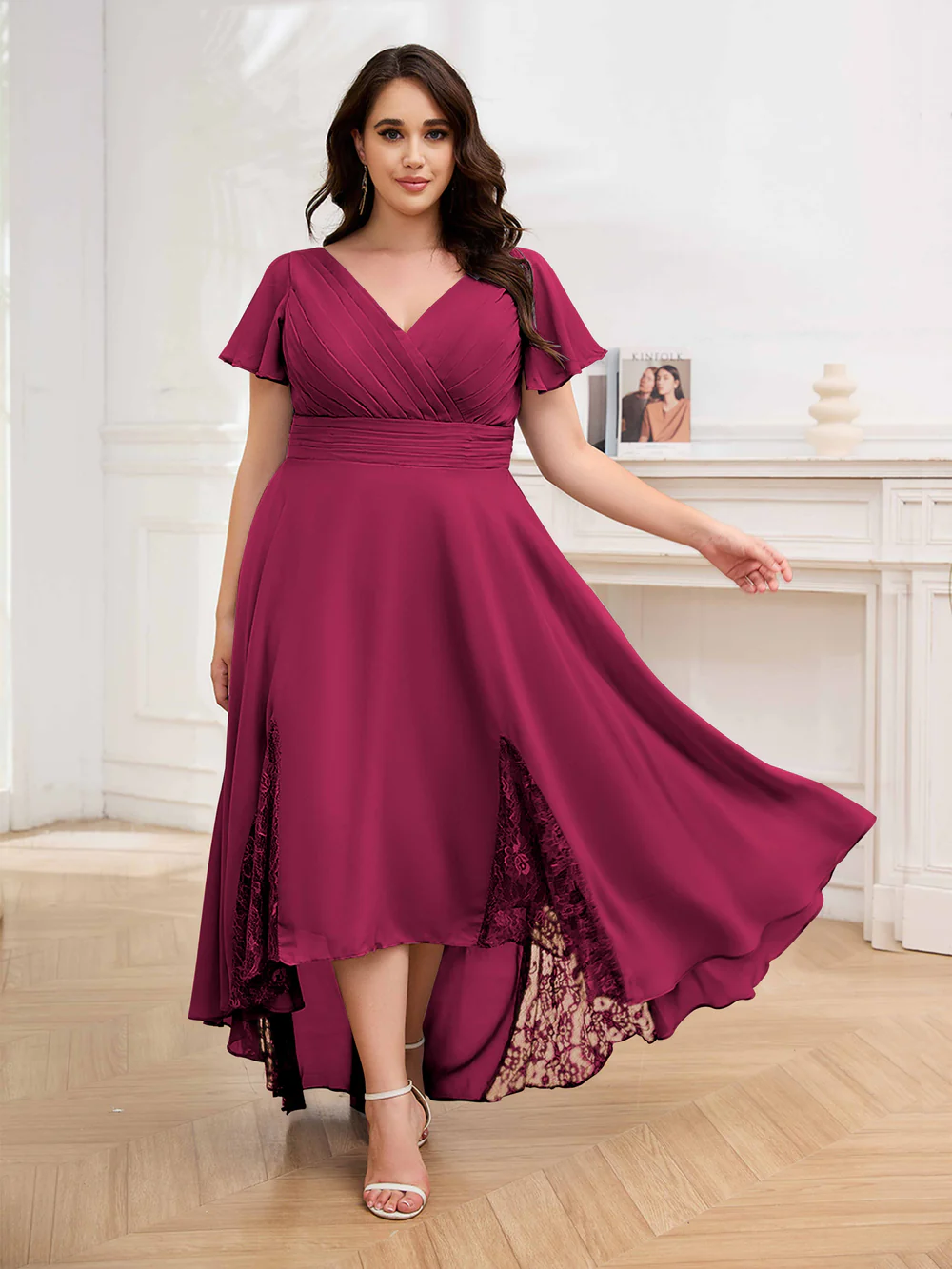 🎁Today's Special Offer🎁Elegant V-Neck Short-Sleeved Lace Chiffon Plus Size Dress