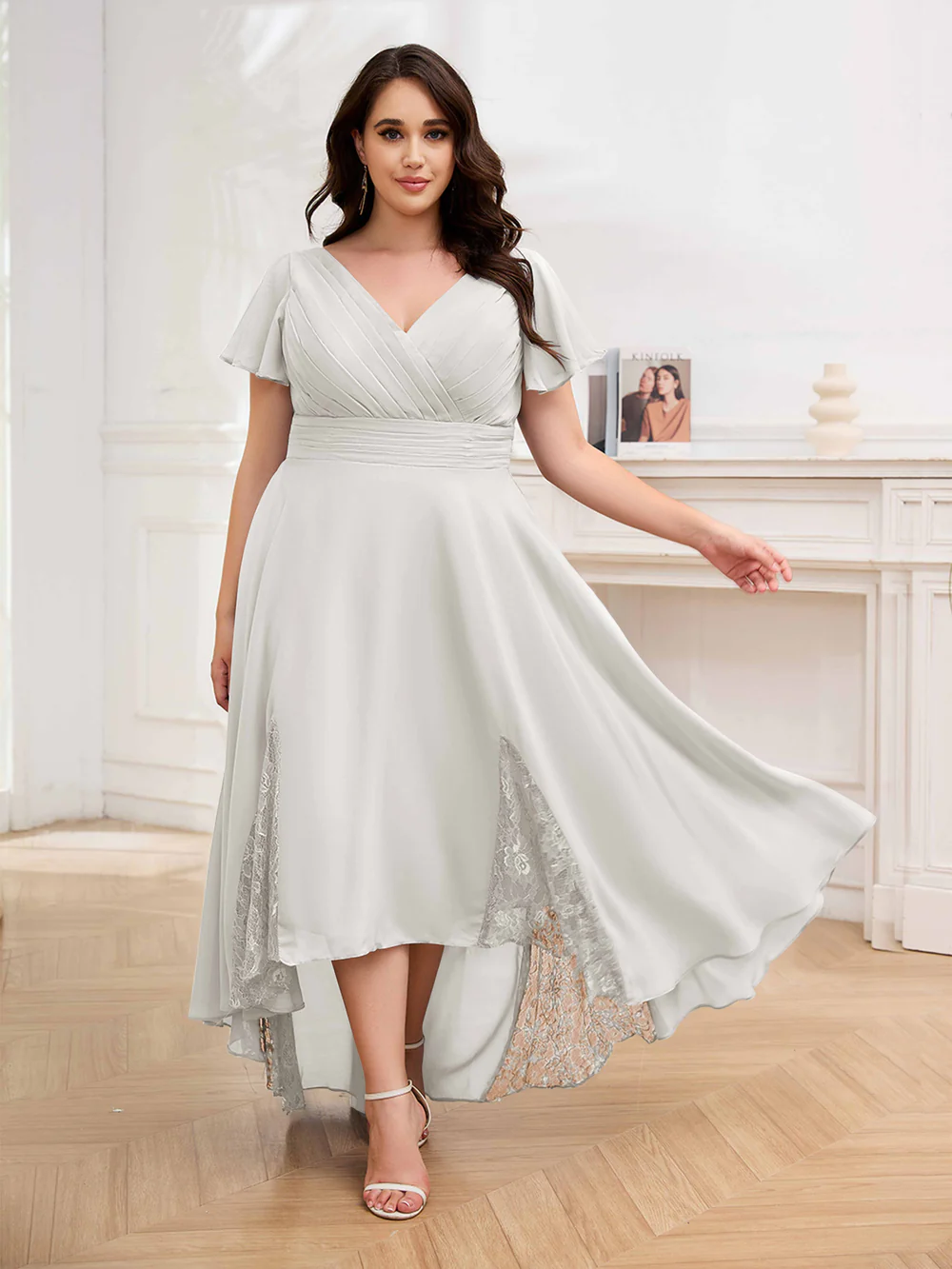 🎁Today's Special Offer🎁Elegant V-Neck Short-Sleeved Lace Chiffon Plus Size Dress