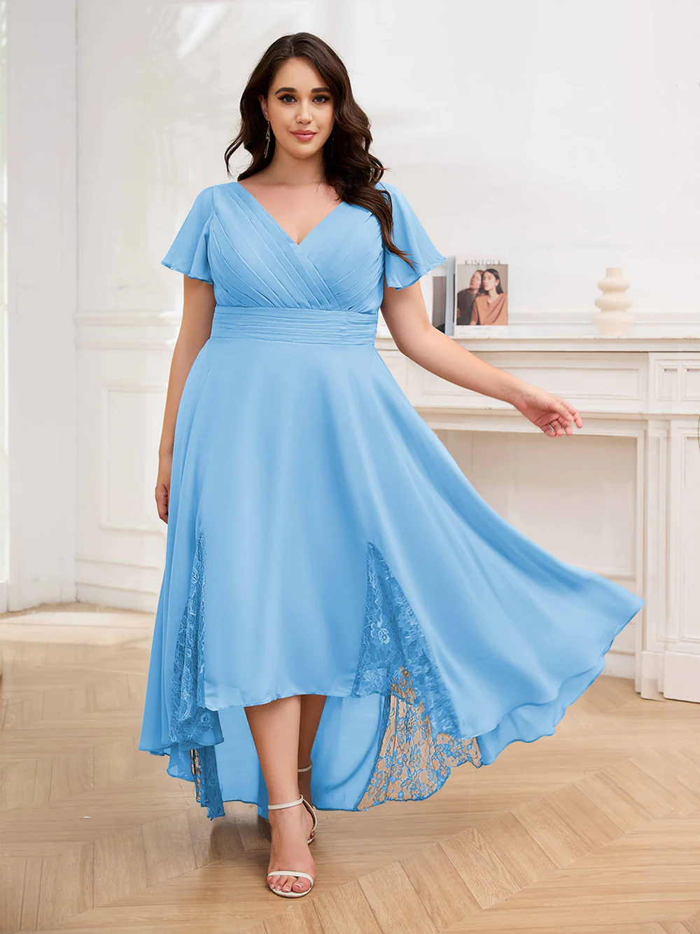 🎁Today's Special Offer🎁Elegant V-Neck Short-Sleeved Lace Chiffon Plus Size Dress