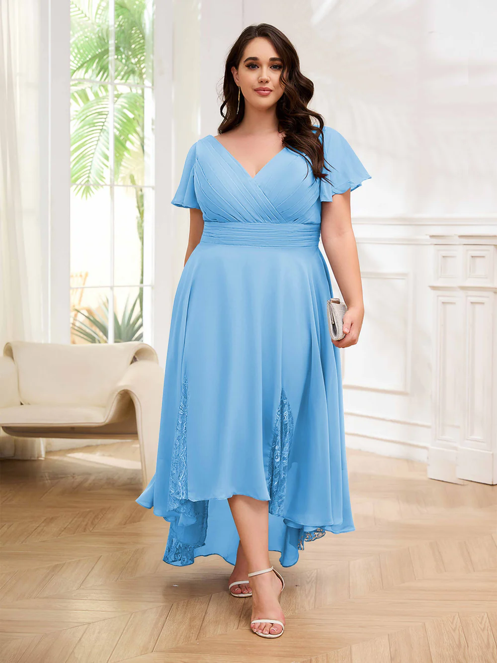 🎁Today's Special Offer🎁Elegant V-Neck Short-Sleeved Lace Chiffon Plus Size Dress