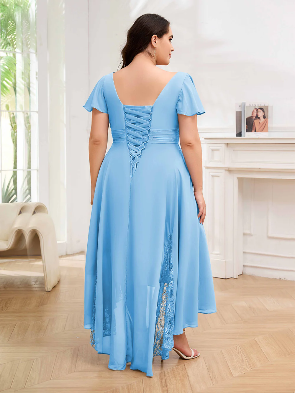 🎁Today's Special Offer🎁Elegant V-Neck Short-Sleeved Lace Chiffon Plus Size Dress