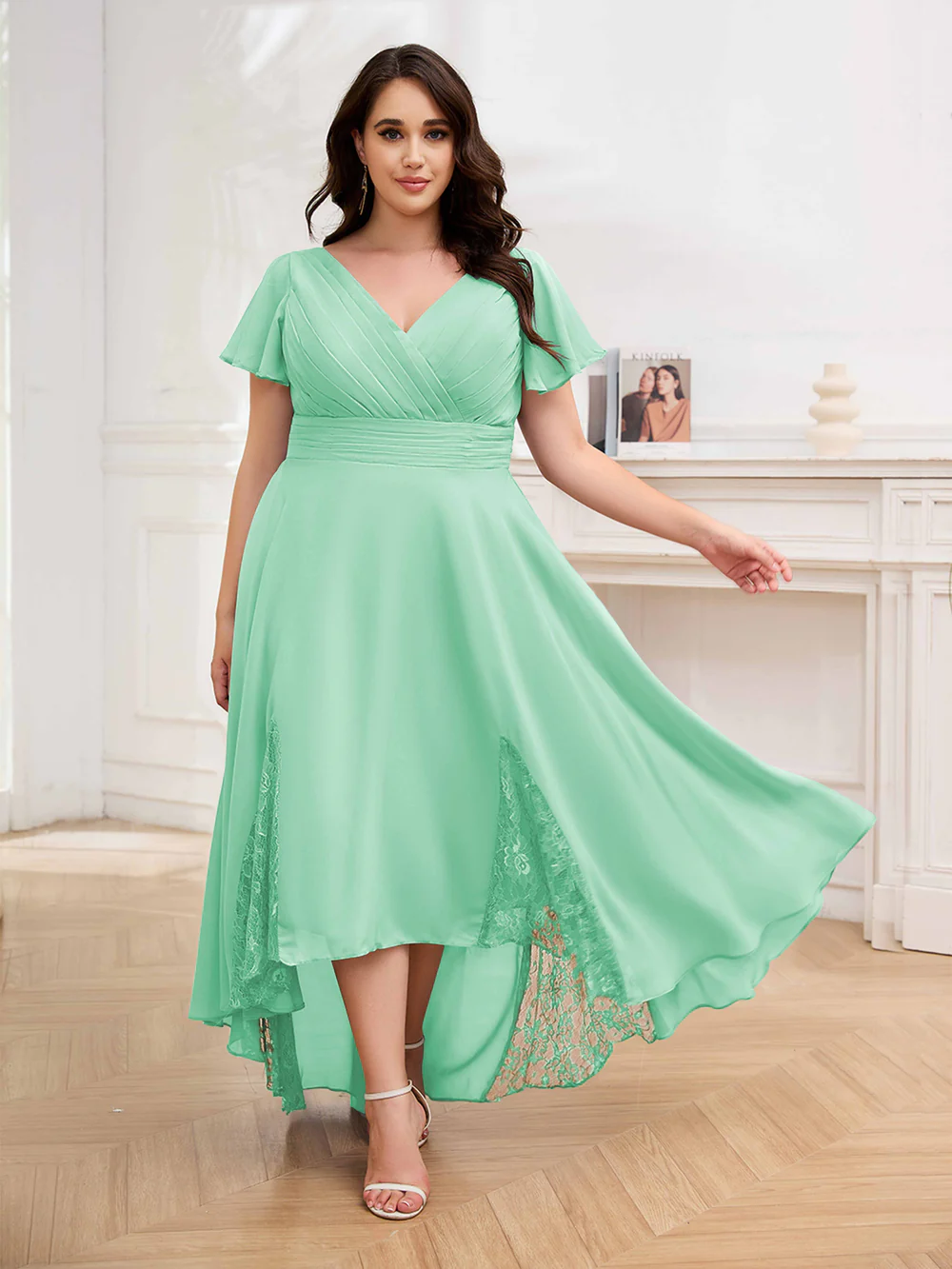 🎁Today's Special Offer🎁Elegant V-Neck Short-Sleeved Lace Chiffon Plus Size Dress