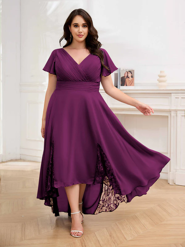 🎁Today's Special Offer🎁Elegant V-Neck Short-Sleeved Lace Chiffon Plus Size Dress