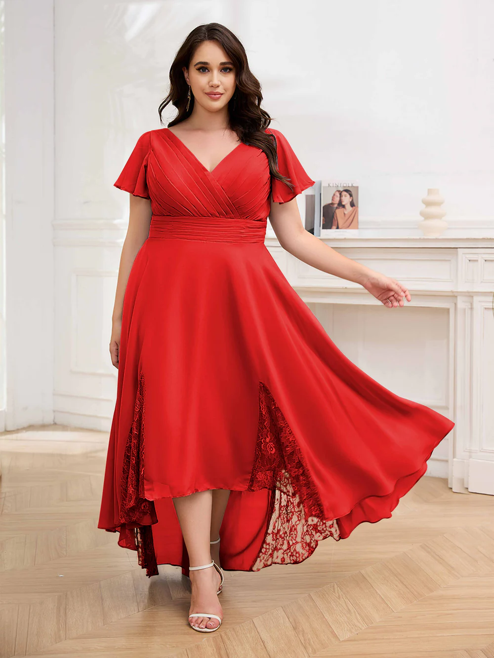 🎁Today's Special Offer🎁Elegant V-Neck Short-Sleeved Lace Chiffon Plus Size Dress