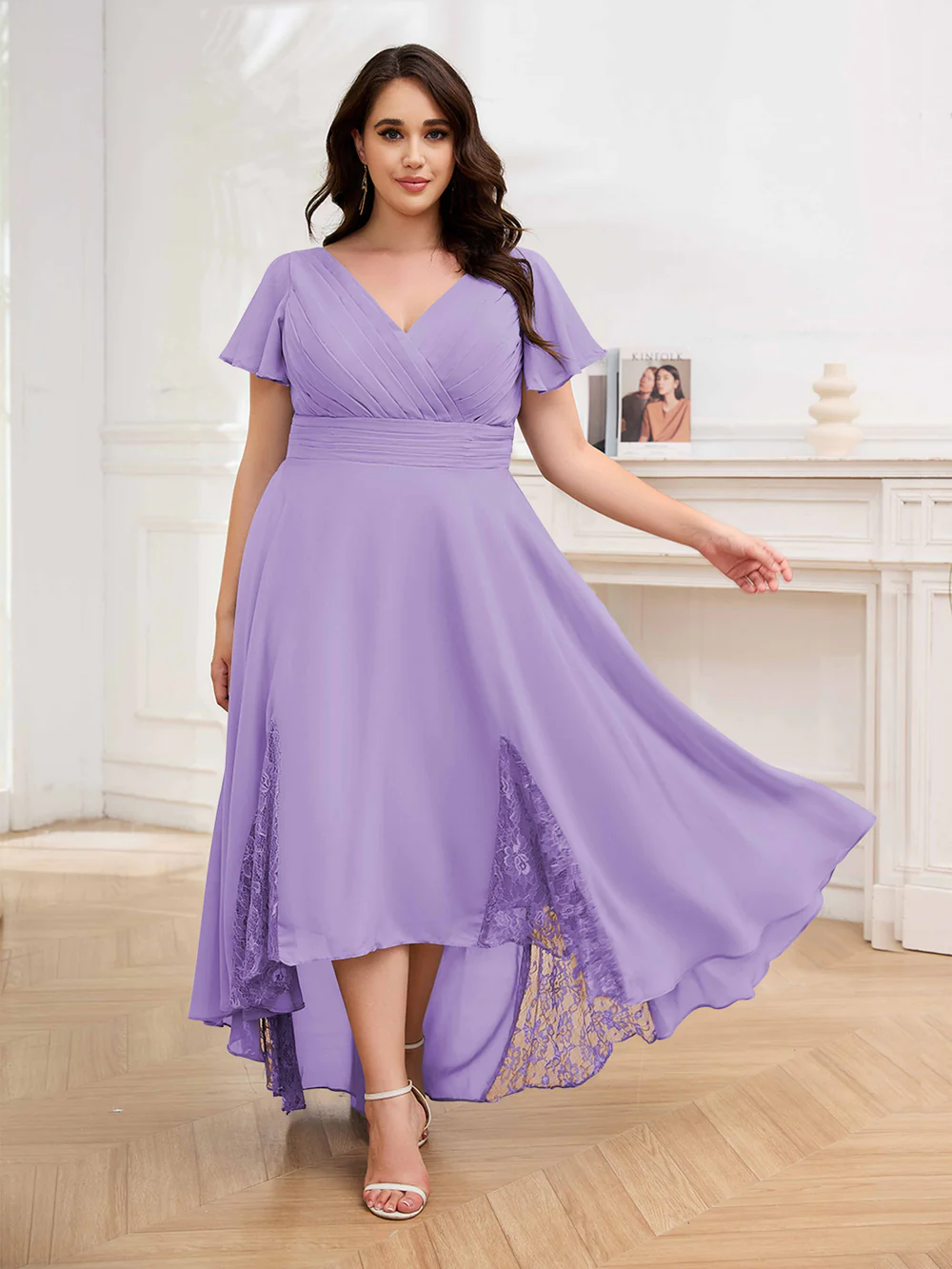 🎁Today's Special Offer🎁Elegant V-Neck Short-Sleeved Lace Chiffon Plus Size Dress