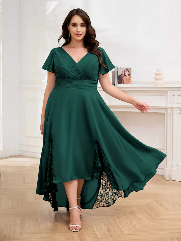 🎁Today's Special Offer🎁Elegant V-Neck Short-Sleeved Lace Chiffon Plus Size Dress