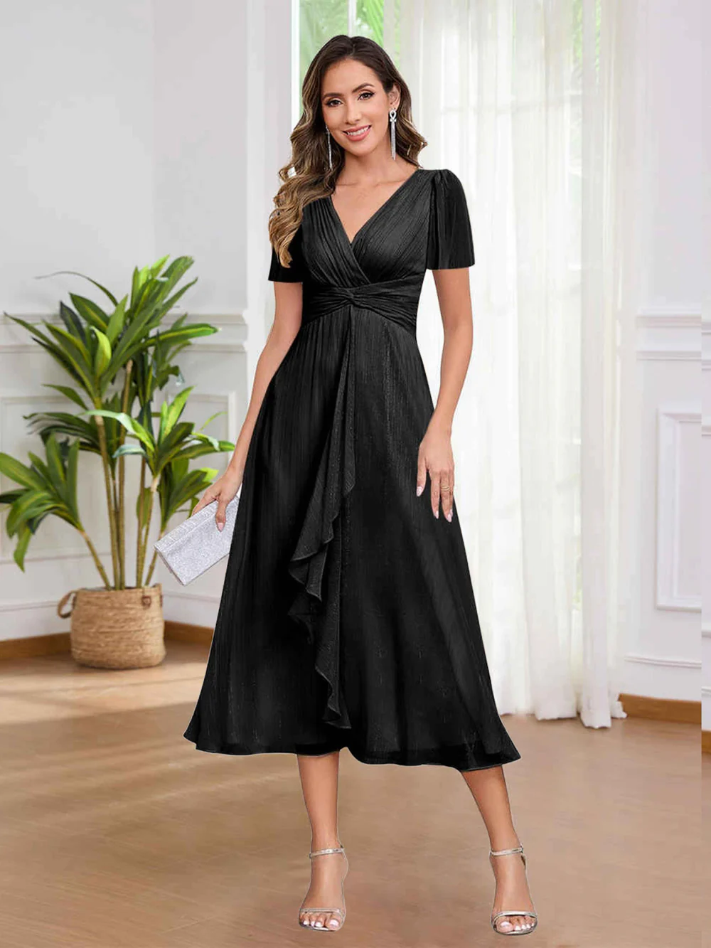 🎁Today's Special Offer🎁V-Neck Short Sleeve Ruffled Midi Dress
