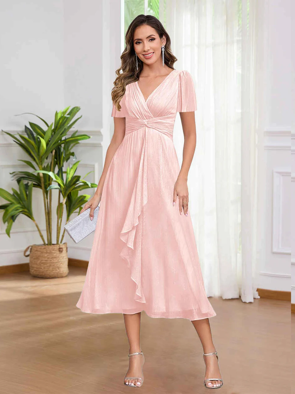 🎁Today's Special Offer🎁V-Neck Short Sleeve Ruffled Midi Dress