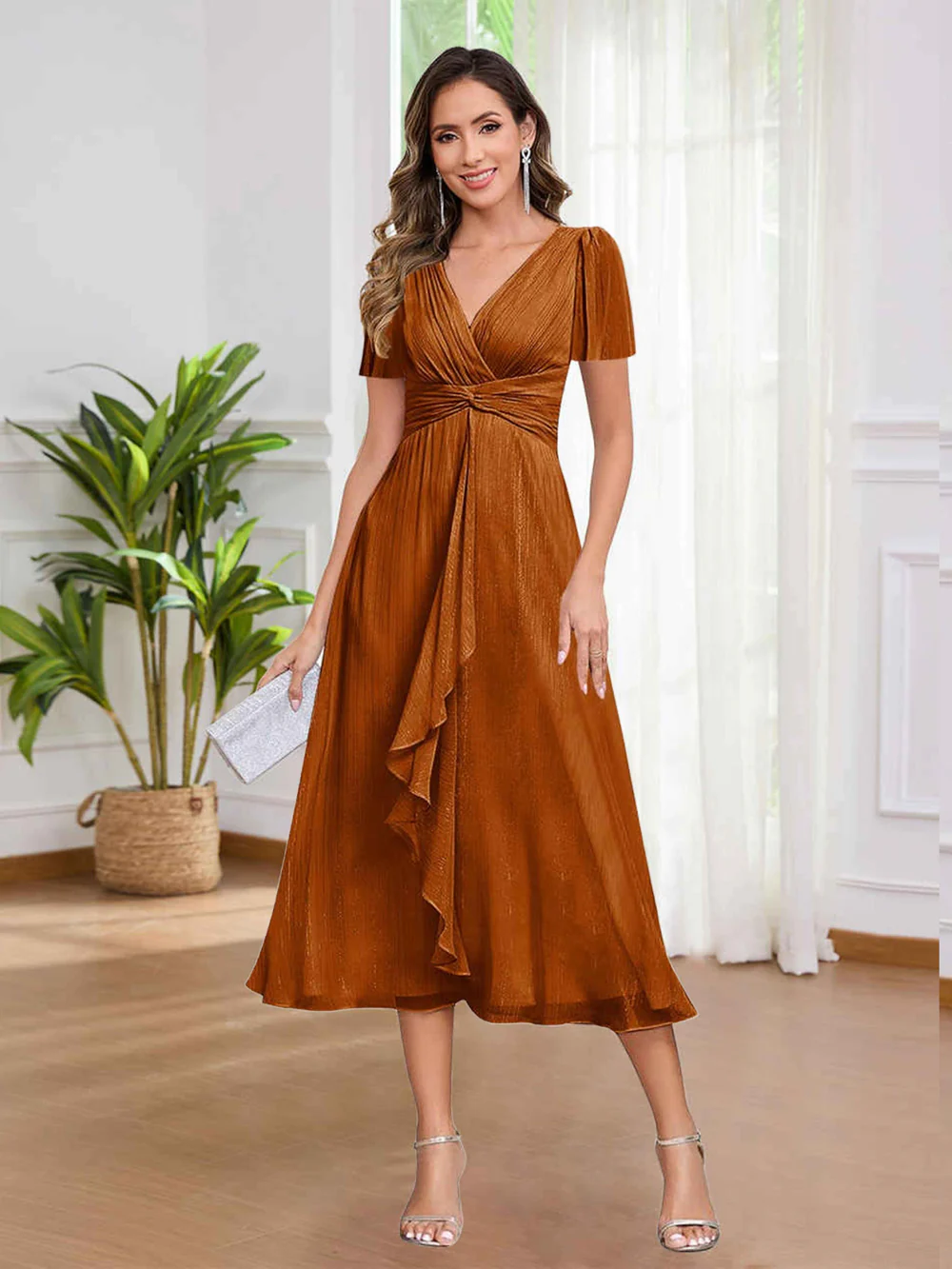 🎁Today's Special Offer🎁V-Neck Short Sleeve Ruffled Midi Dress