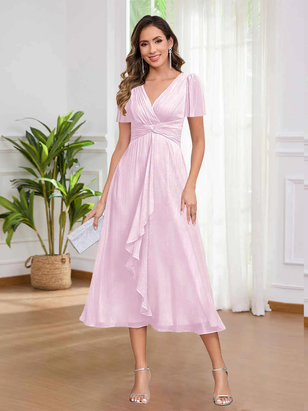 🎁Today's Special Offer🎁V-Neck Short Sleeve Ruffled Midi Dress