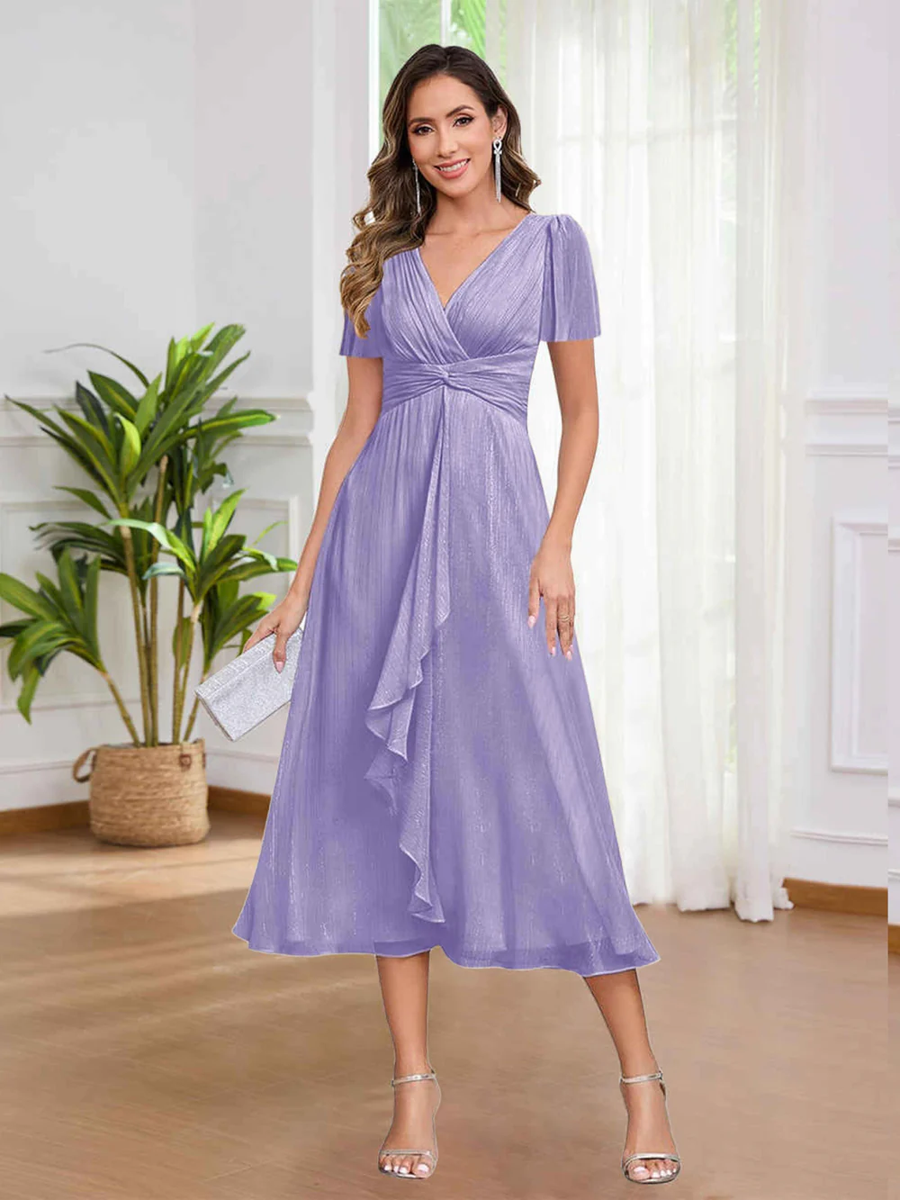 🎁Today's Special Offer🎁V-Neck Short Sleeve Ruffled Midi Dress