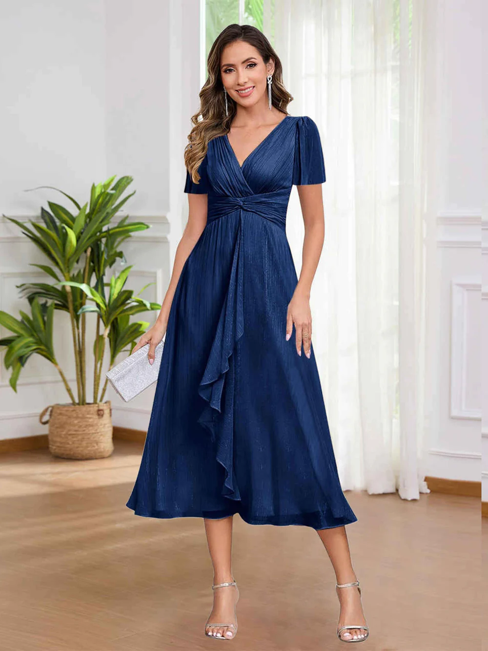 🎁Today's Special Offer🎁V-Neck Short Sleeve Ruffled Midi Dress