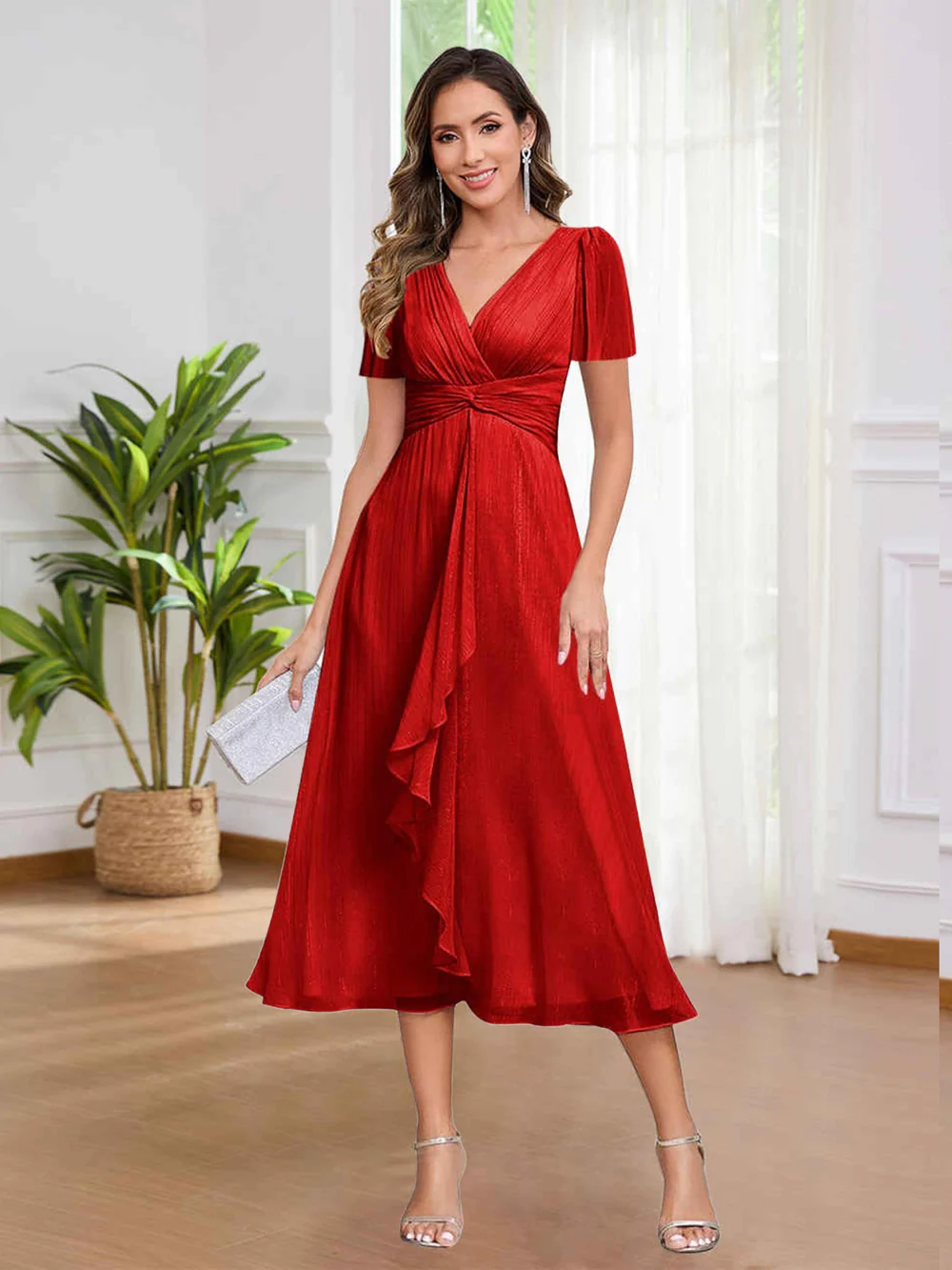 🎁Today's Special Offer🎁V-Neck Short Sleeve Ruffled Midi Dress