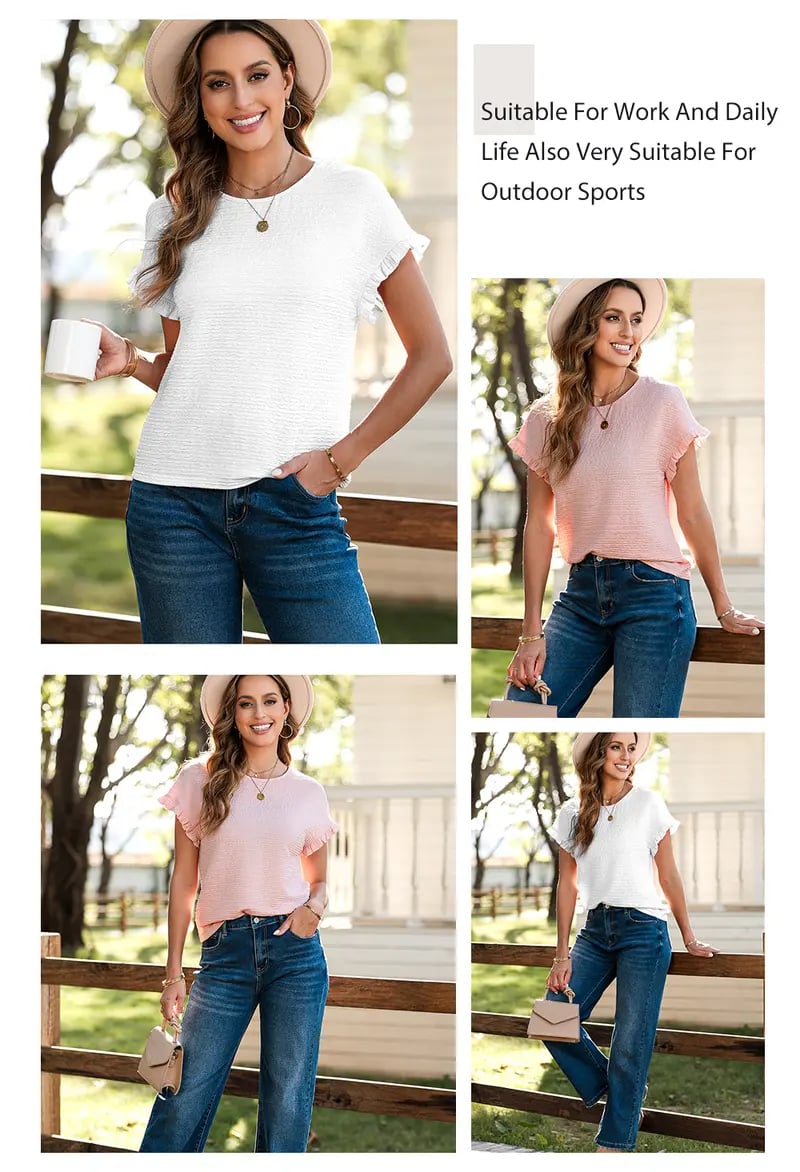 Product Introduction of SHEWIN 2025 Summer Outfit Womens Short Sleeve Tops Round Neck Ruffle Casual Summer Textured Work T Shirts Tee Blouse 5