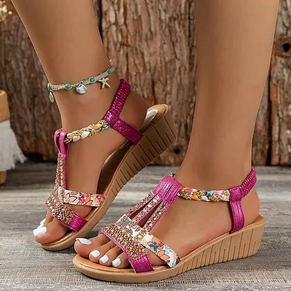 🚨Mother's Day Special🔥Women's Rhinestone Embellished Glitter Slip Resistant Slope Heel Orthopedic Sandals