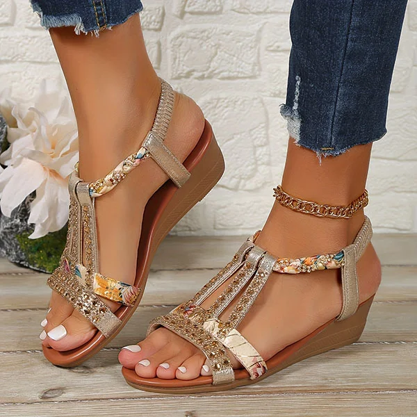 🚨Mother's Day Special🔥Women's Rhinestone Embellished Glitter Slip Resistant Slope Heel Orthopedic Sandals