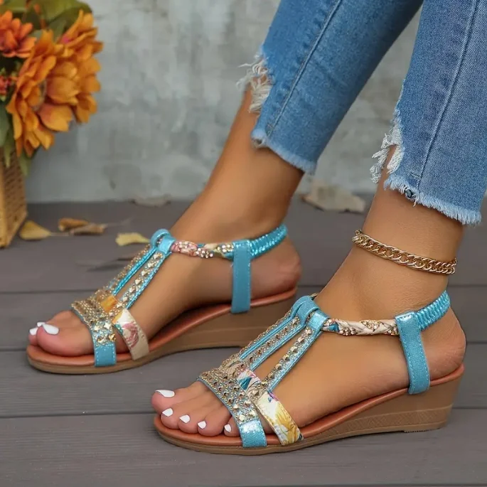 🚨Mother's Day Special🔥Women's Rhinestone Embellished Glitter Slip Resistant Slope Heel Orthopedic Sandals