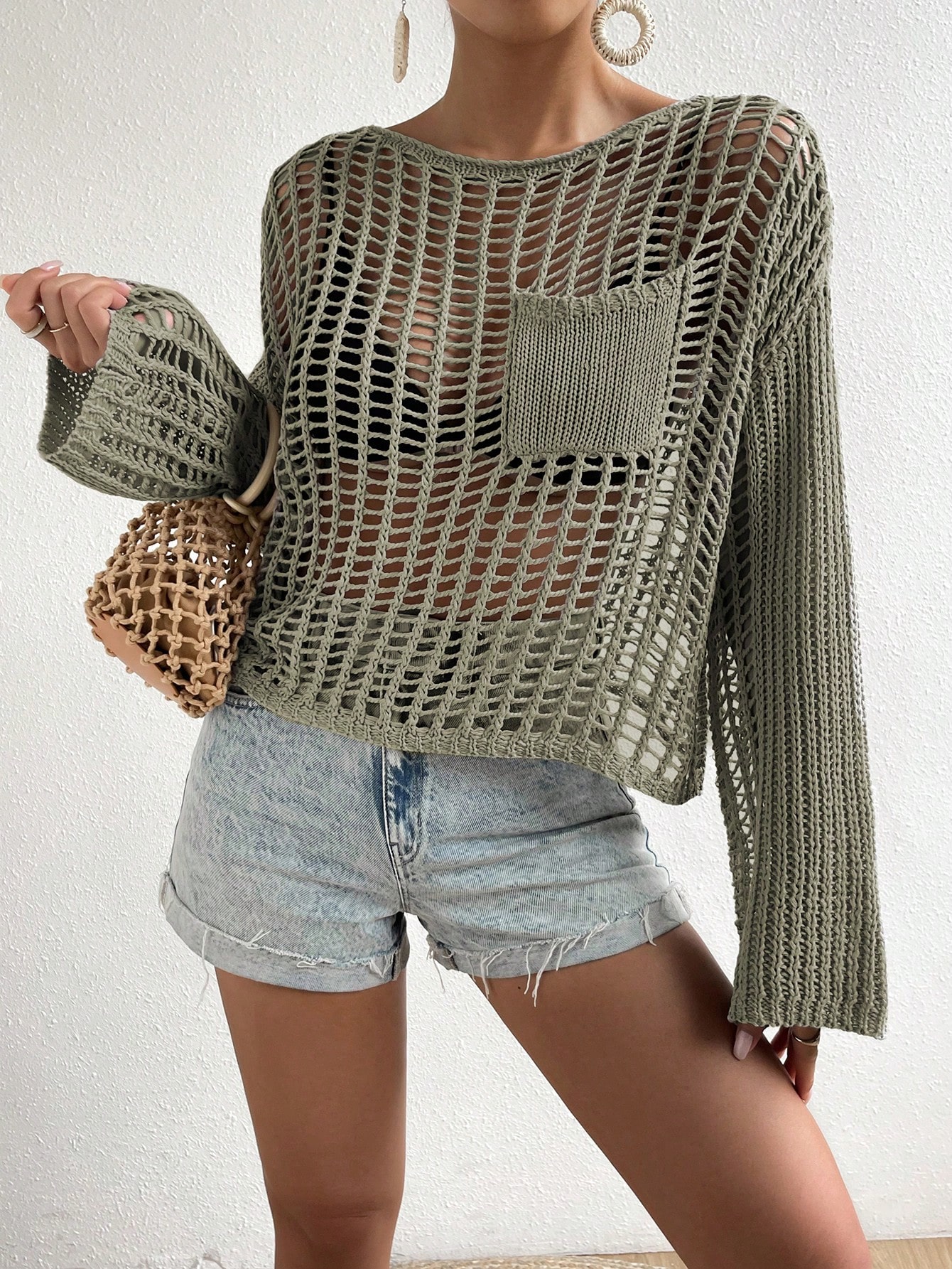 🚨Black Friday Sale🔥Pocket Open Knit Mesh Shirt