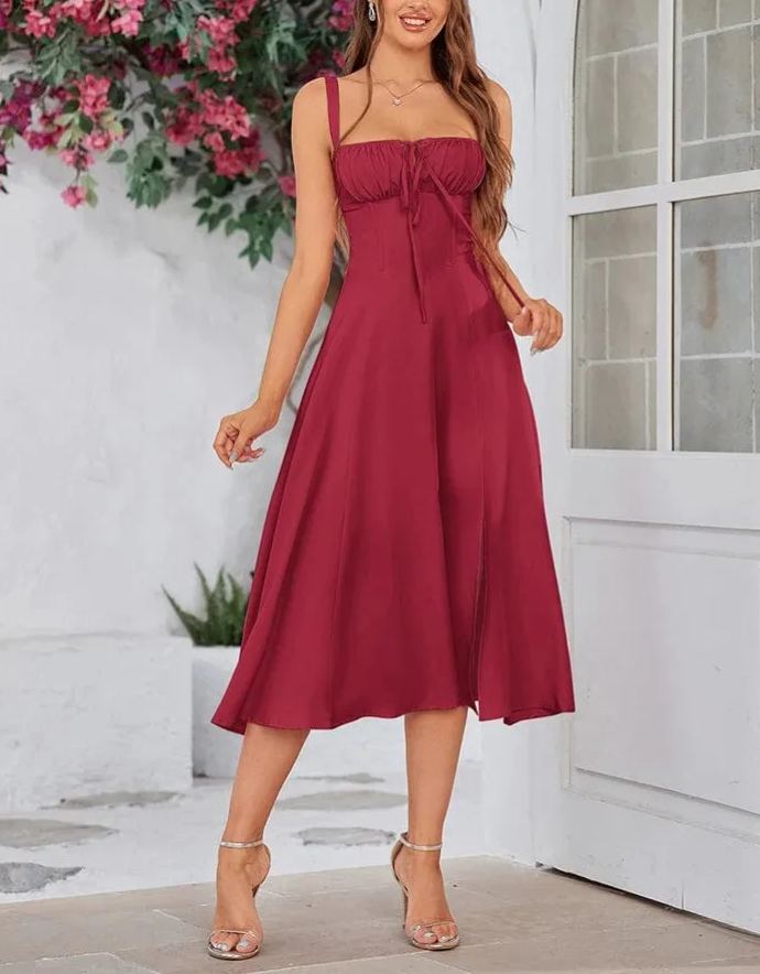 Women's Solid Color Lace-Up Pleated Slit Dress