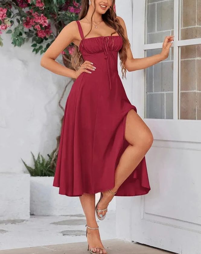 Women's Solid Color Lace-Up Pleated Slit Dress