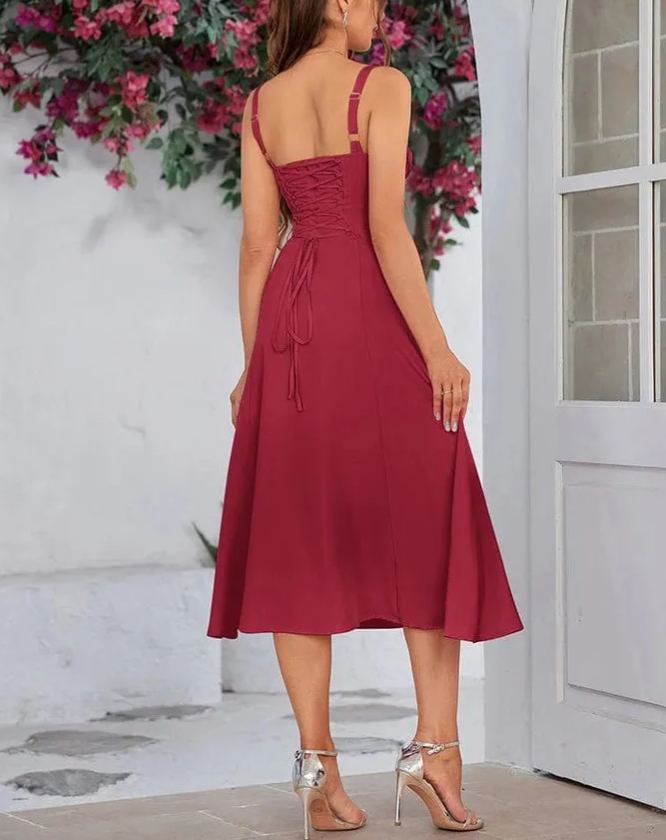 Women's Solid Color Lace-Up Pleated Slit Dress