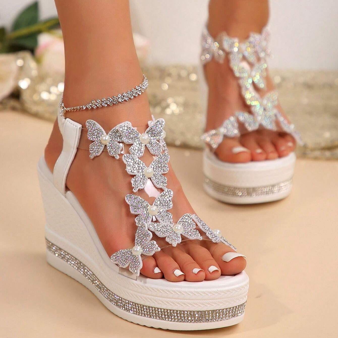 🚨Mother's Day Special🔥Women's Rhinestone Butterfly Wedge Sandals