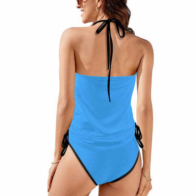 Custom Big Face Black Womens Swimsuit Tankini Top Sets Two Piece Bathing Suit with Tie Side