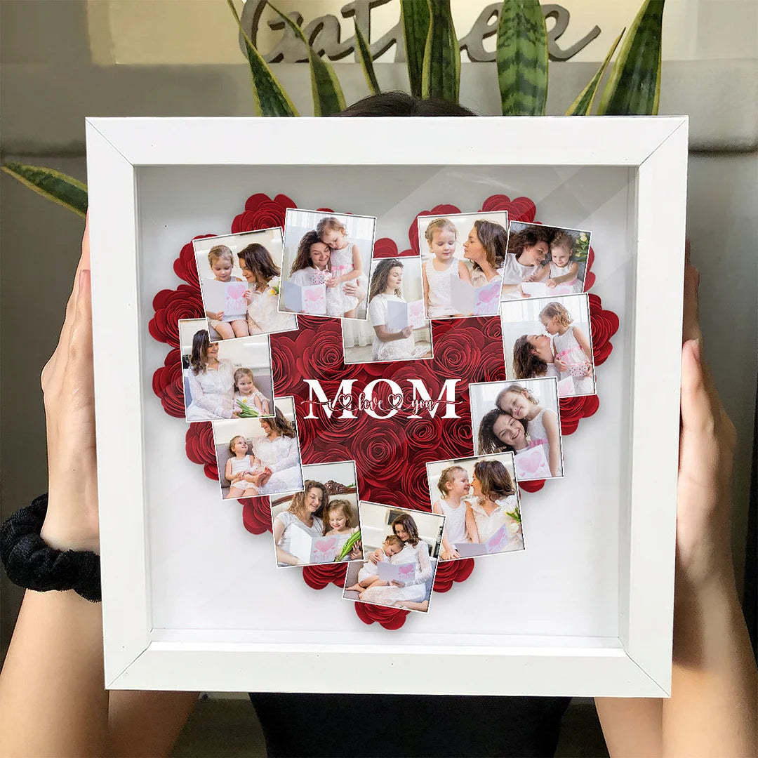 Heart Photos Mom We Love You - Personalized Mother Flower Shadow Box