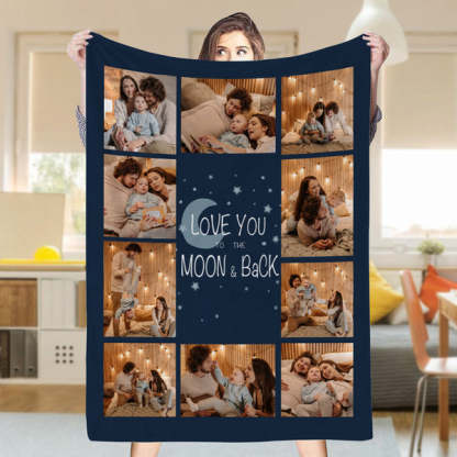 Custom 10 Photos Love You To The Moon Back Fleece Blanket-ilovevango