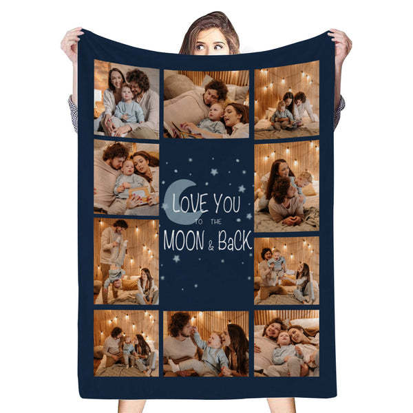 Custom 10 Photos Love You To The Moon Back Fleece Blanket-ilovevango