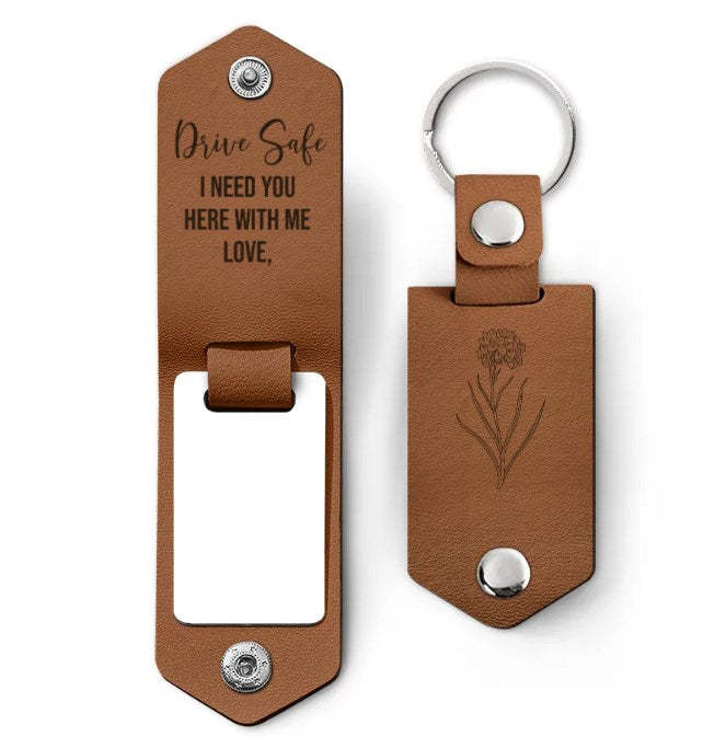 Custom Photo Birth Flower With Name Sketch - Gift For Her, Gift For Women - Personalized Leather Photo Keychain-ilovevango