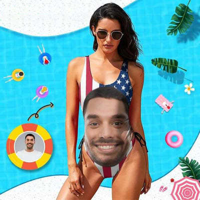 Bathingsuit-Custom Face American Flag Swimsuit, Personalized New Drawstring Side One Piece Swimsuit Bathing Suit Celebrate Holiday-ilovevango