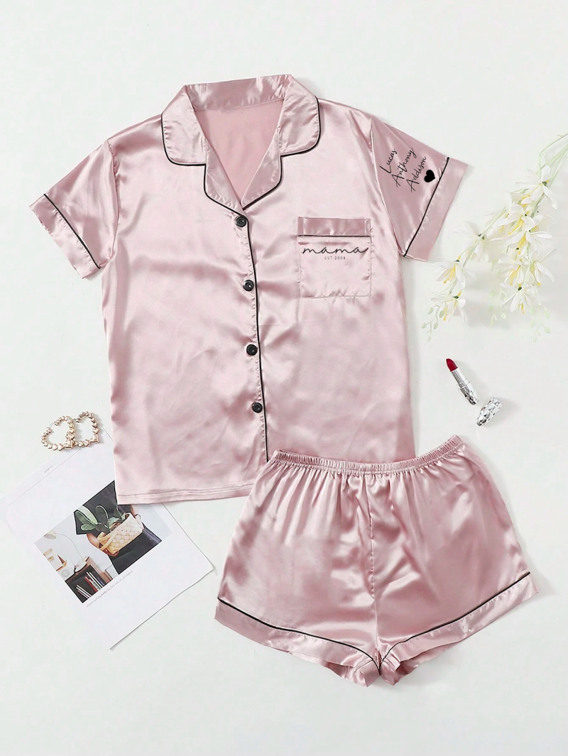 Personalized Mama Print Women Pajamas Sleepwear Ice Silk Short Sleeve Top And Shorts, Custom Ice Silk Pajama Set Comfortable, Mothers Day Gift-ilovevango