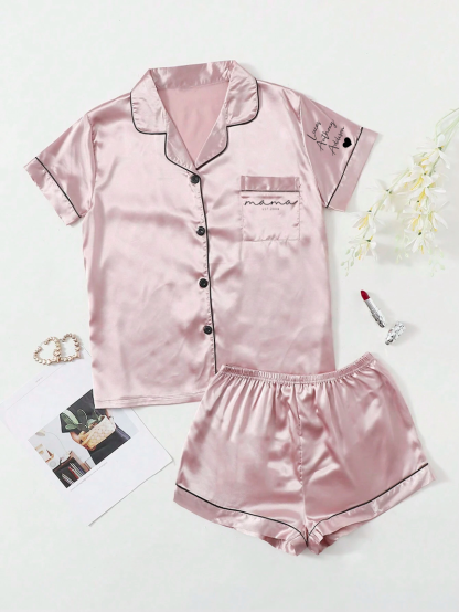 Personalized Mama Print Women Pajamas Sleepwear Ice Silk Short Sleeve Top And Shorts, Custom Ice Silk Pajama Set Comfortable, Mothers Day Gift-ilovevango