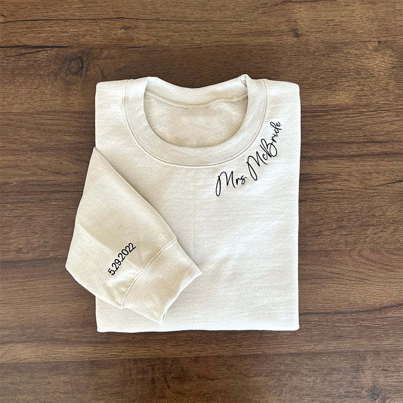 Custom Mrs. Embroidered Sweatshirt, Date On Sleeve, Name On Neckline, Wife Shirt, Future Mrs Hoodie, Engagement Gift, Bride To Be-ilovevango