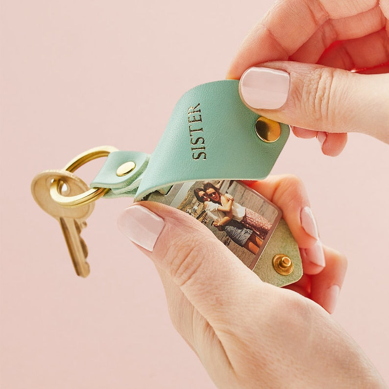 Up to 8 photos Personalized double-sided leather keychain