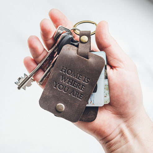Personalized Photo Keyring In Leather Case With Initials - Gift For New Dad