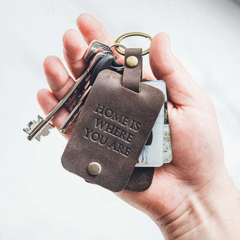 Personalized Photo Keyring In Leather Case With Initials - Gift For New Dad