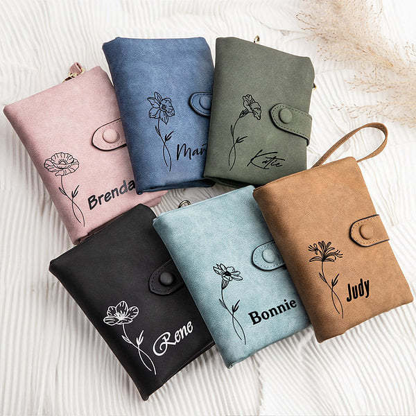 Personalized Tri-Fold Birth Flower Leather Wallet Card Holder Birthday Gift for Woman-ilovevango