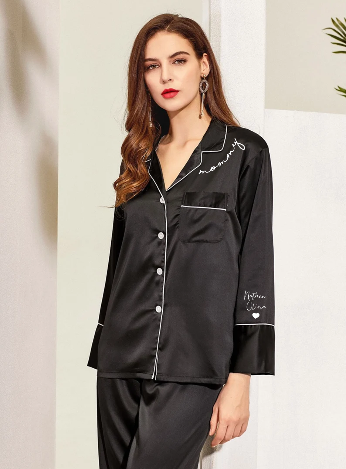 Custom Mama Mommy Print Women Pajamas Sleepwear Ice Silk PJ Set, Personalized Pajama Set Comfortable, Gift For Mom-ilovevango
