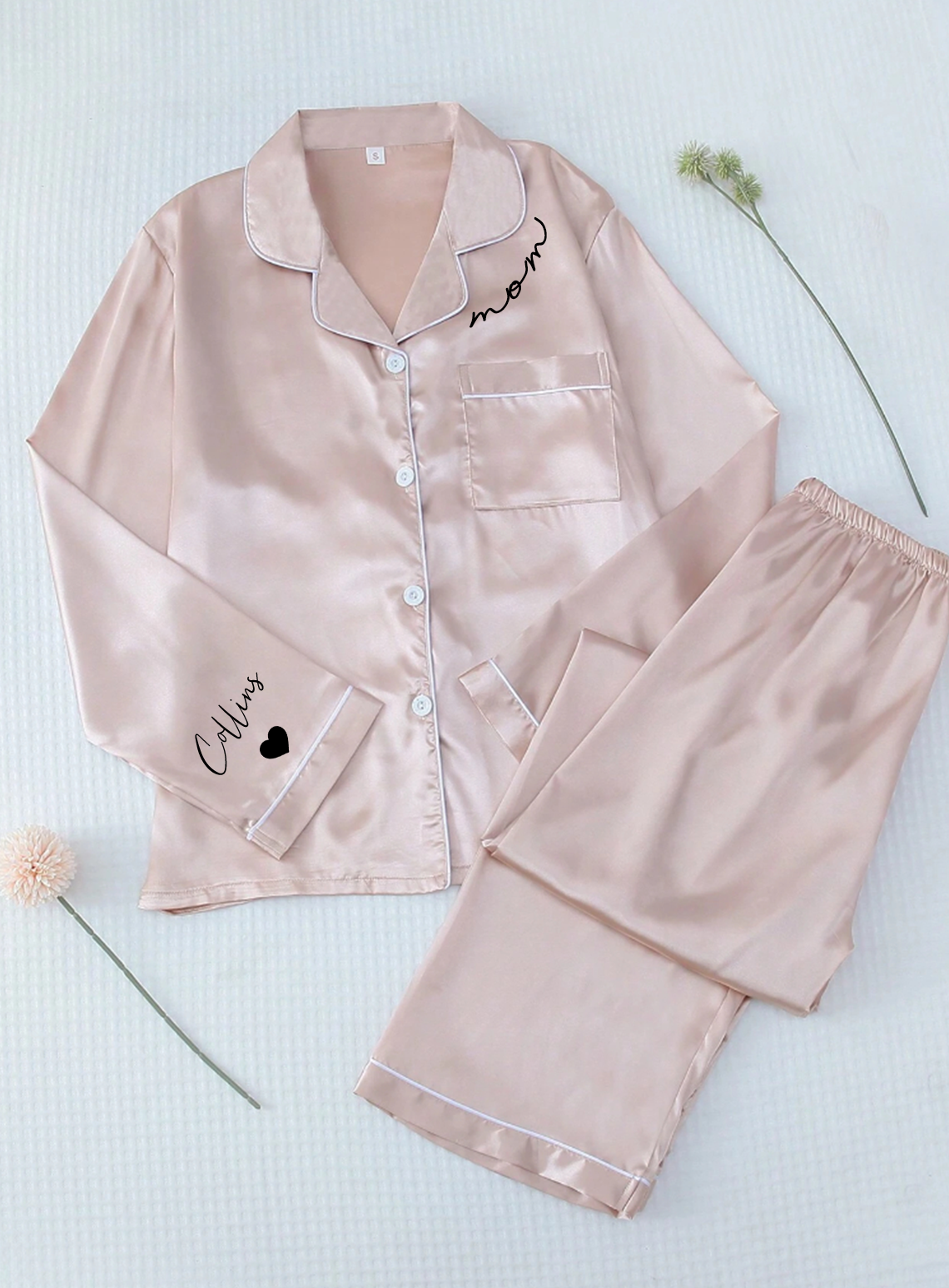Custom Mama Print Women Pajamas Sleepwear Ice Silk PJ Set, Personalized Pajama Set Comfortable, Mothers Day Gift-ilovevango