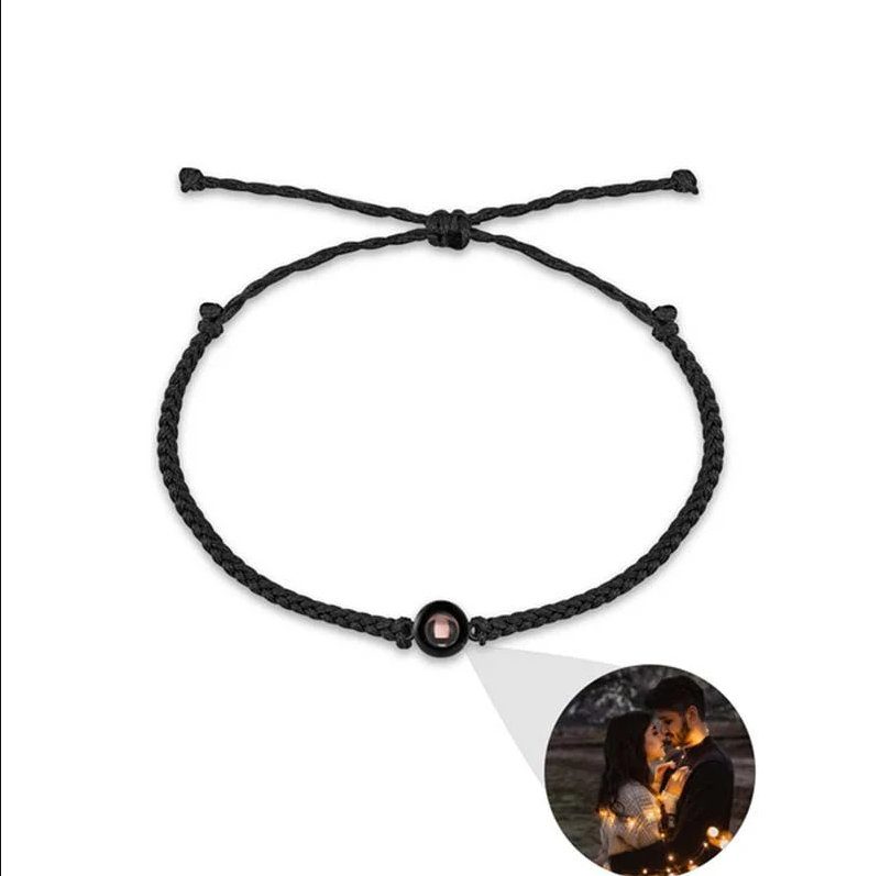 Personalized Circle Photo Projector Bracelet For Women And Men Black with Black Rope