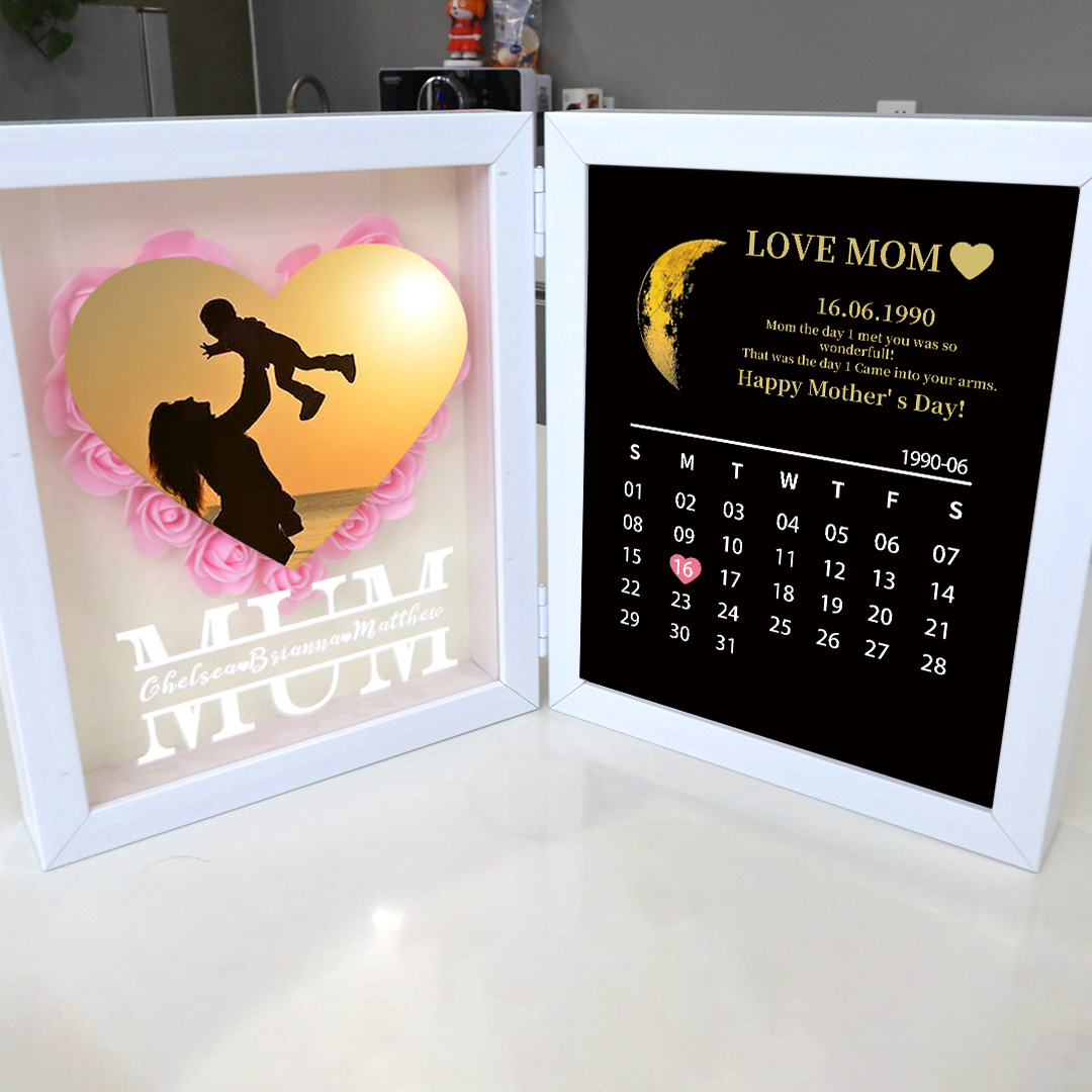 (Mom Photo With Name) With REAL MOON PHASE Anniversary Calendar Custom flower frame-ilovevango