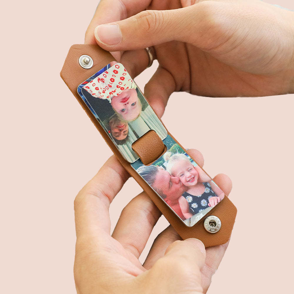 Up to 8 photos Personalized double-sided leather keychain