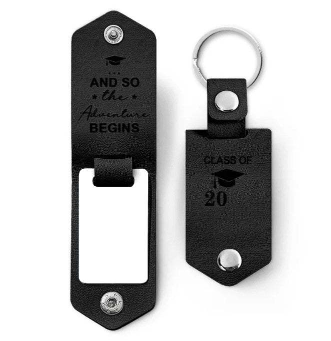 Custom Photo And So The Adventure Begins - Graduation Gift - Personalized Leather Photo Keychain